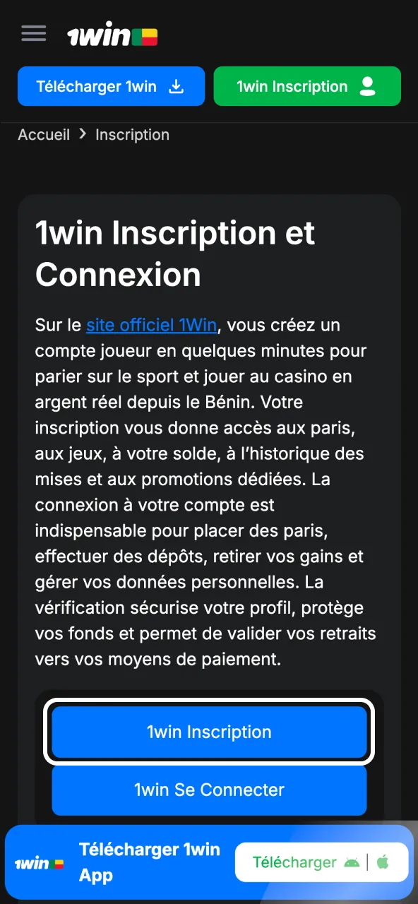 Page d’inscription 1win ouverte via bouton dédié.