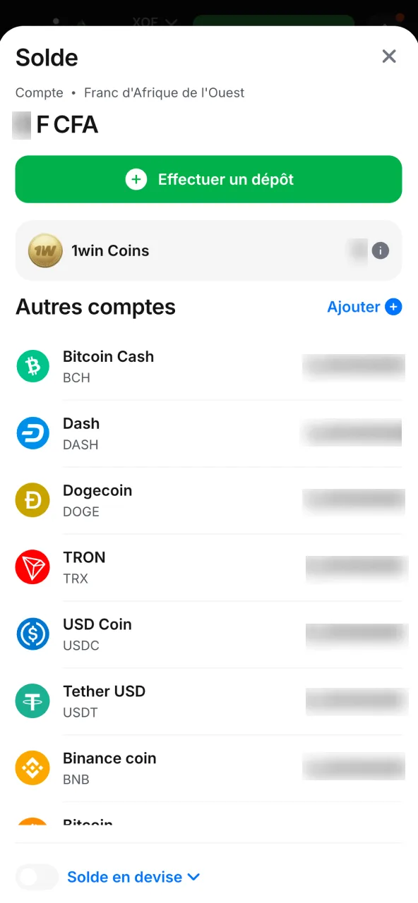 Contrôlez arrivée des fonds dans compte 1win.